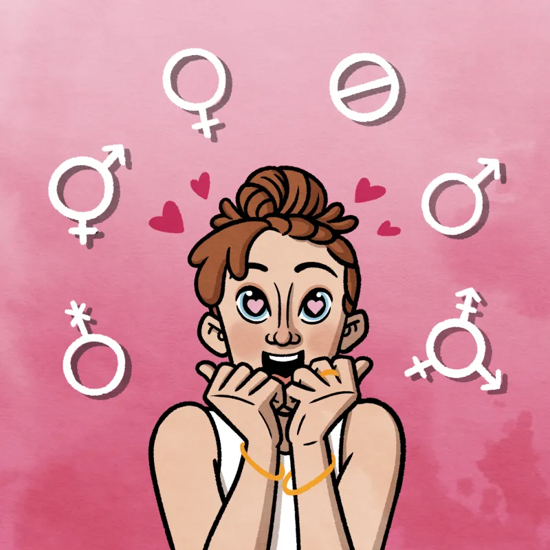 Illustration of someone gleefully clasping their hands to their mouth, their eyes filled with heart shapes and surrounded by gender symbols