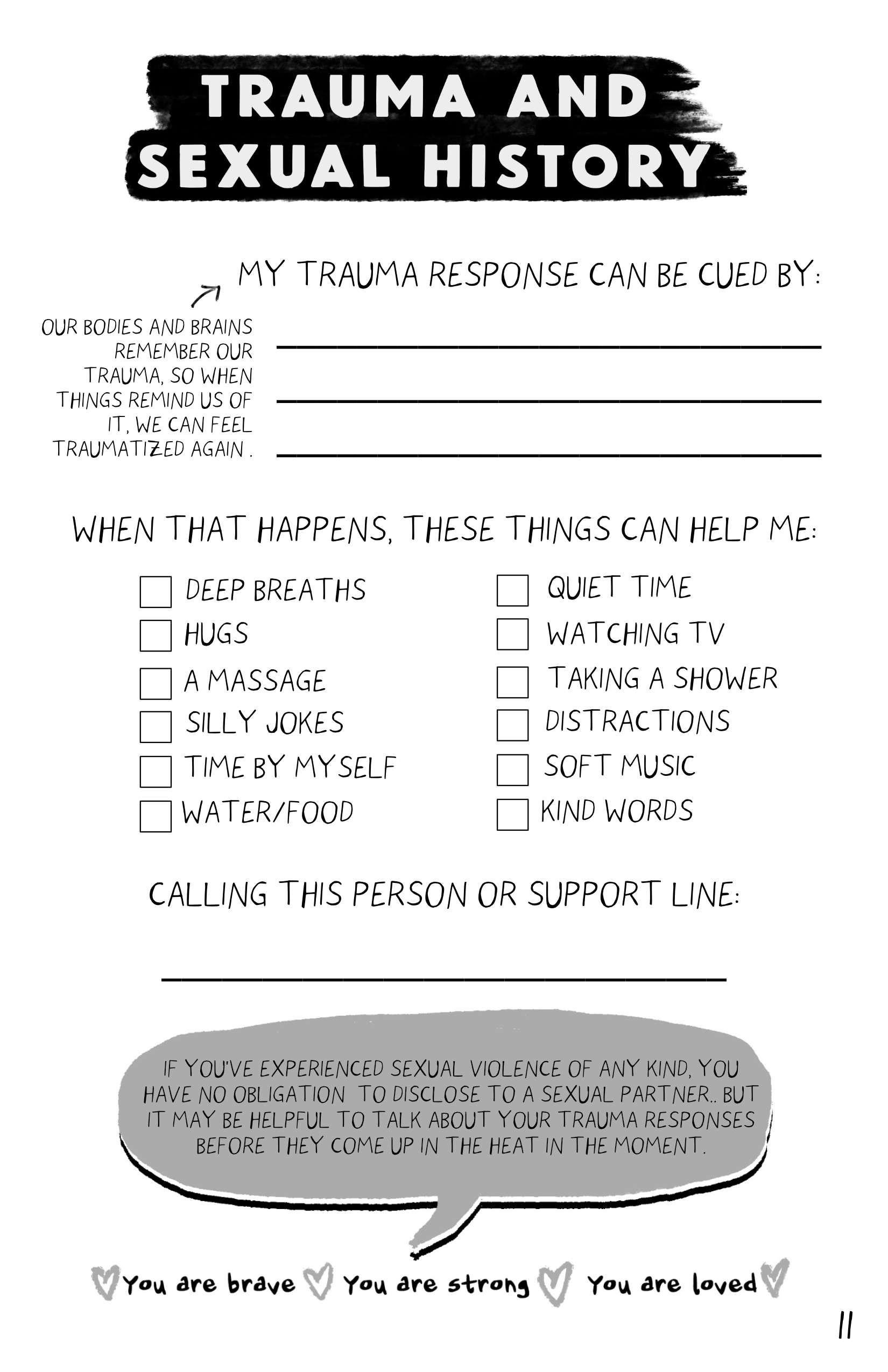 One page from the zine, a trauma and sexual history inventory