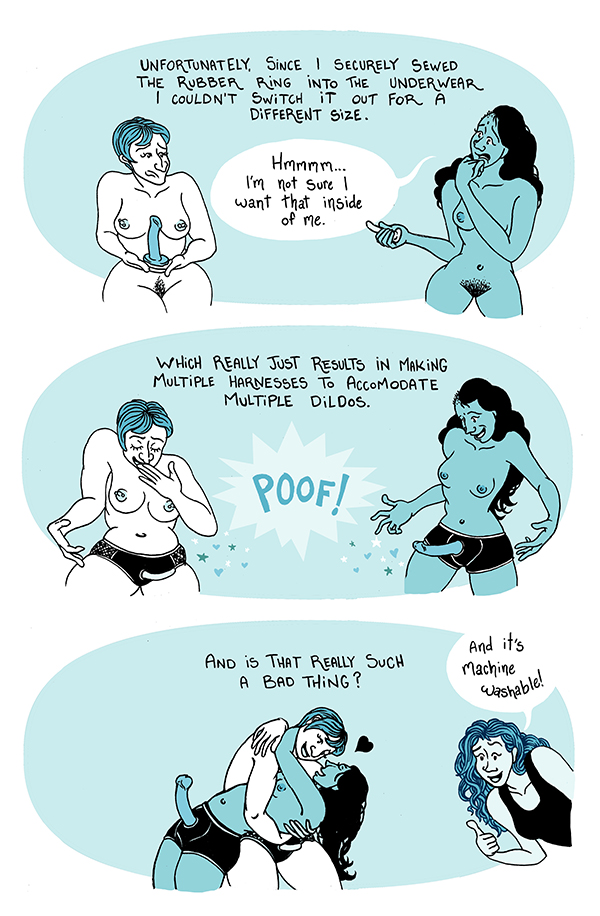 The characters discuss the need for different size harnesses for different sized dildos - the end!