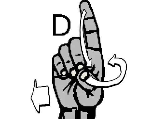 ASL sign for 'Disability', a raised forefinger ("D") with arrows indicating the gesture (forefinger down, thumb out, whole hand in direction of pinky)