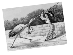 vintage image of someone keeping a stroke with a baby away by aggressively waving their parasol at them (this is an uneffective method of birth control, btw)