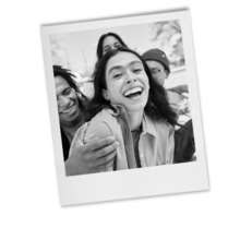 polaroid of a laughing happy Latinx trans person with friends